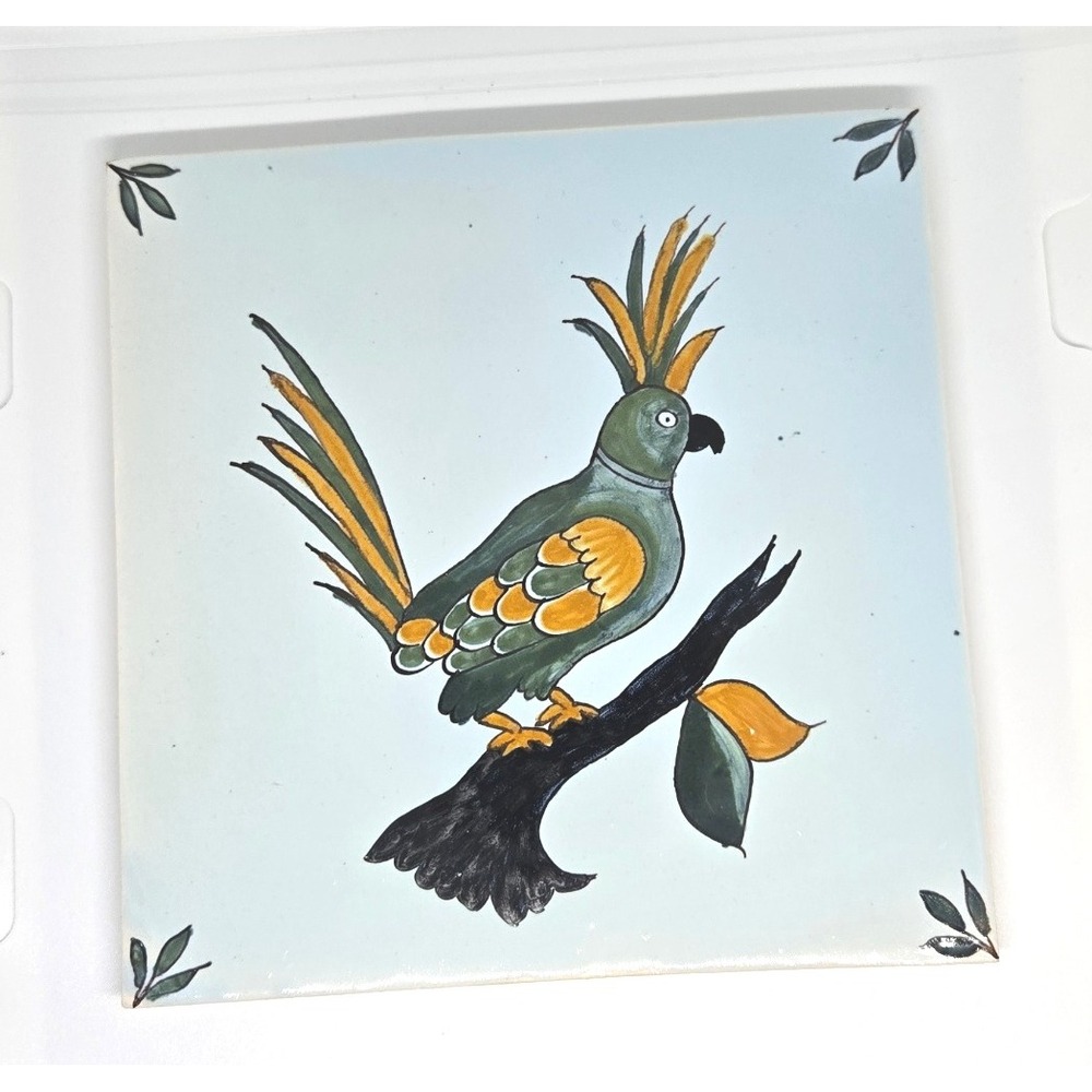 Vintage‎ Geo Martel Tile w/ Green/Orange Bird, Made in Desvres, France